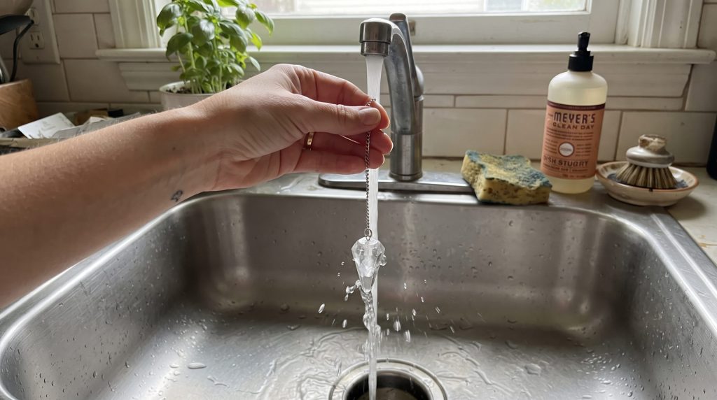 Limpiar un péndulo de cristal con agua tibia en el fregadero de la cocina