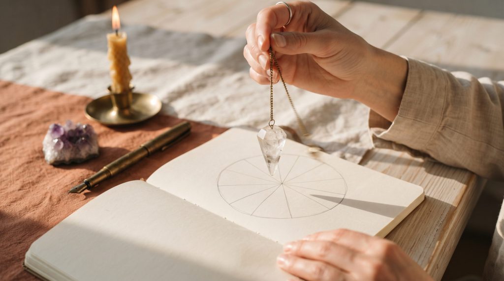 Manos sosteniendo un péndulo de cuarzo sobre un cuaderno abierto con una tabla circular dibujada a mano