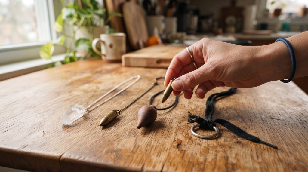 Varios péndulos para principiantes sobre una mesa: cuarzo, latón, madera y un anillo colgado de un cordón