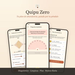 App Quipu Zero en tres teléfonos: rueda de los 4 pilares, pregunta al péndulo y plan de abundancia